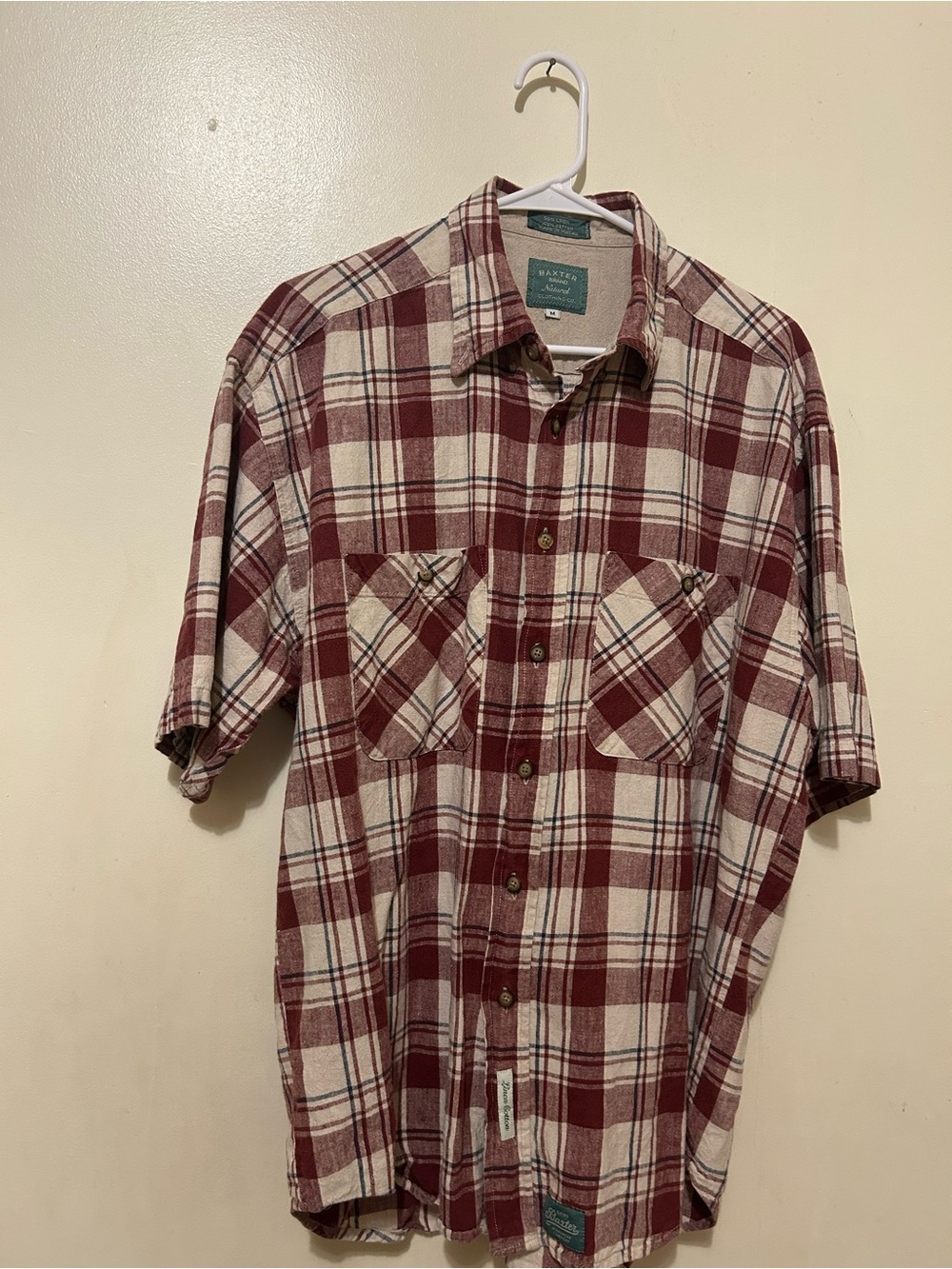NWOT VTG Baxter Natural Men's Burgundy Plaid Short-Sleeve Cotton Linen Shirt M